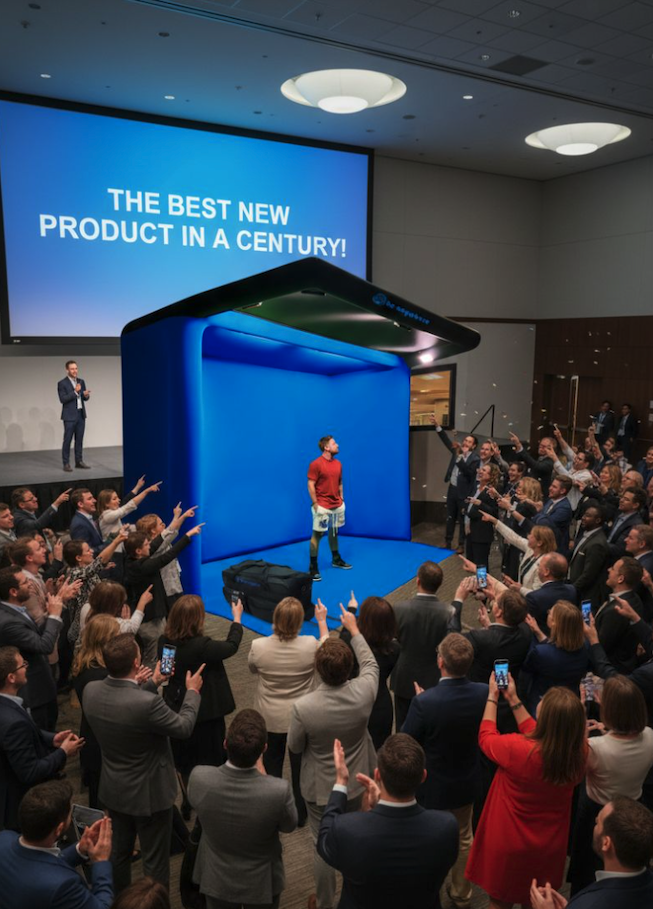 Be Anywhere Pro blue-screen pop-up studio with built-in lighting on stage at a conference presentation